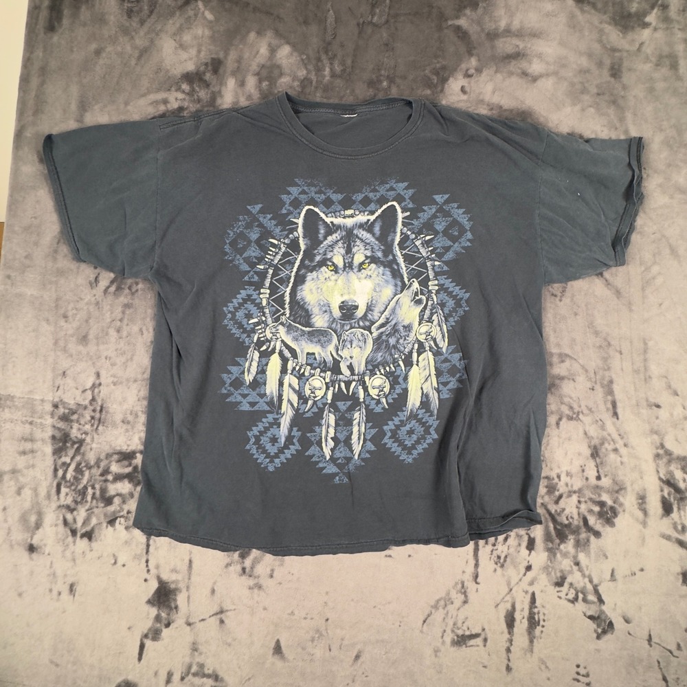 Unbranded Wolf Dreamcatcher T-Shirt Mens 2XL Black Graphic Tee Vintage Style